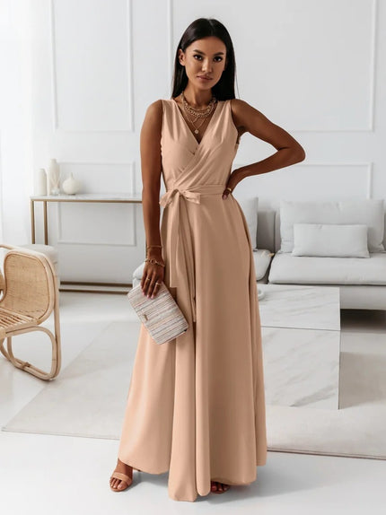 Women's V-Neck Sleeveless Belted Maxi Dress Khaki Dress