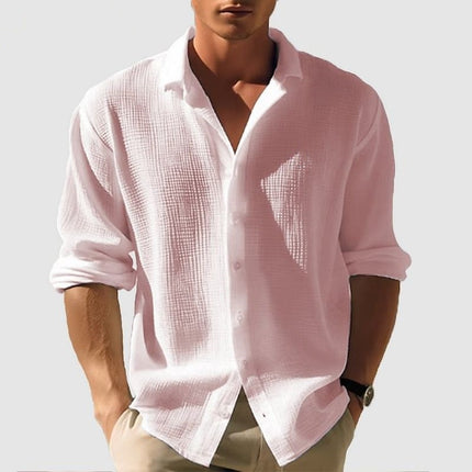 Men's Lapel Long Sleeve Shirt - Solid, Single Breasted for Fall & Spring Pink Men T-Shirts