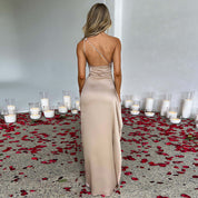 Elegant One-Shoulder Backless Satin Dress with High Slit Dresses