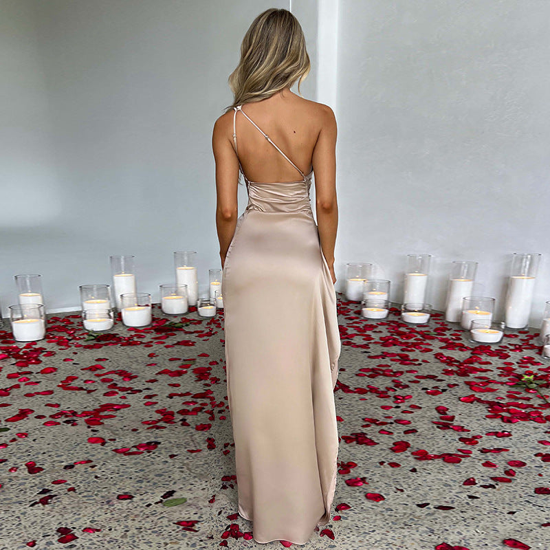 Elegant One-Shoulder Backless Satin Dress with High Slit Dresses