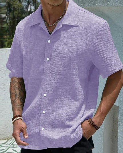 Men’s Solid-Color Short-Sleeve Button Lapel Shirt Purple Shirts