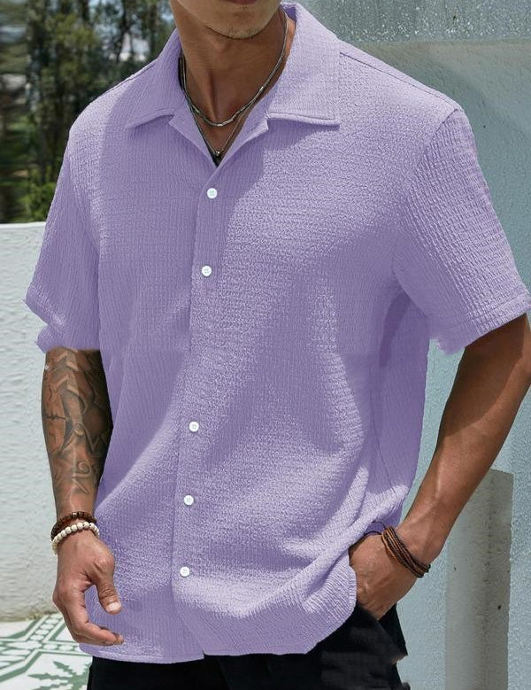 Men’s Solid-Color Short-Sleeve Button Lapel Shirt Purple Shirts