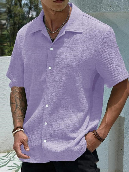 Men’s Solid-Color Short-Sleeve Button Lapel Shirt Purple Shirts