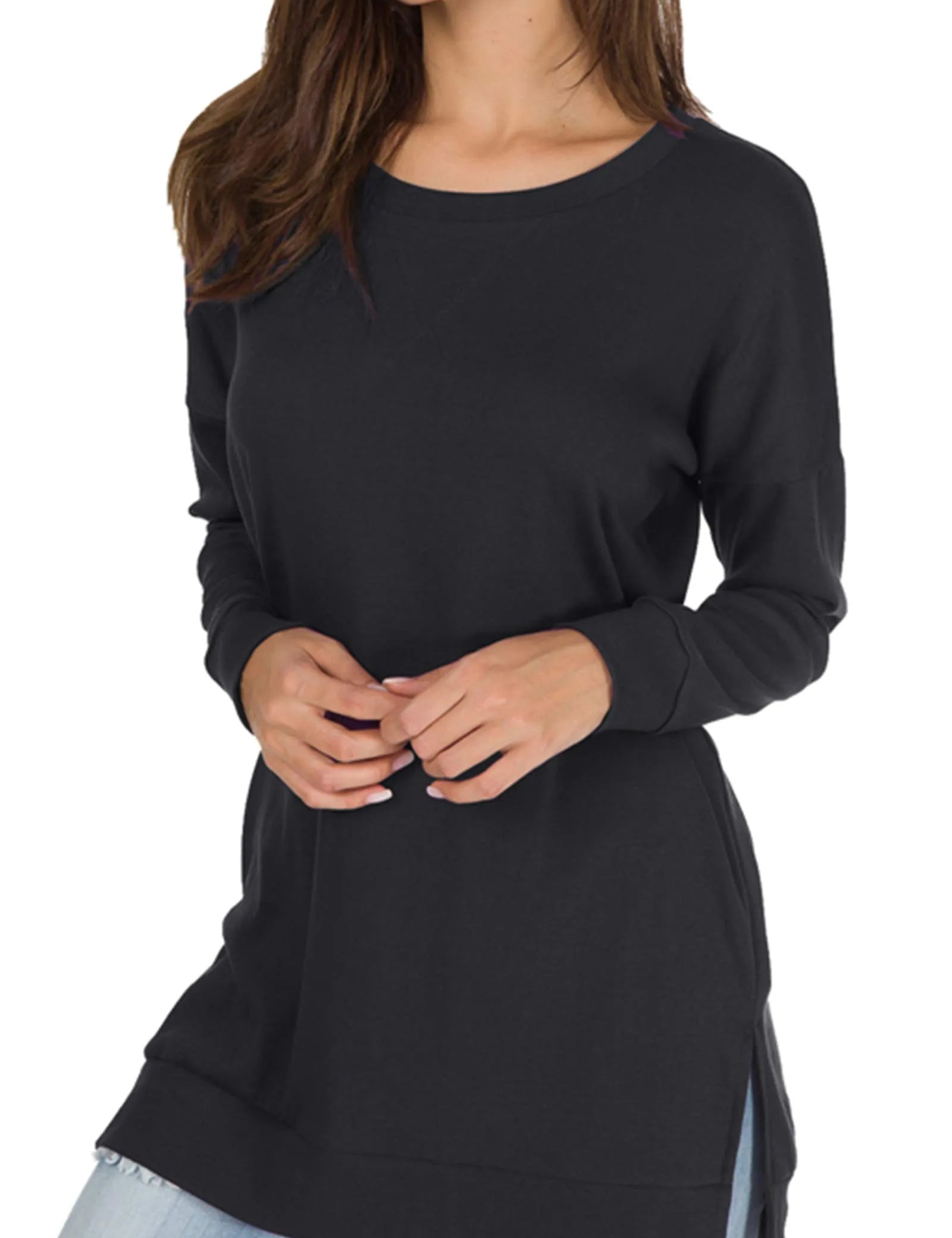Long Sleeve Side Slit Comfort Top Black Sweaters