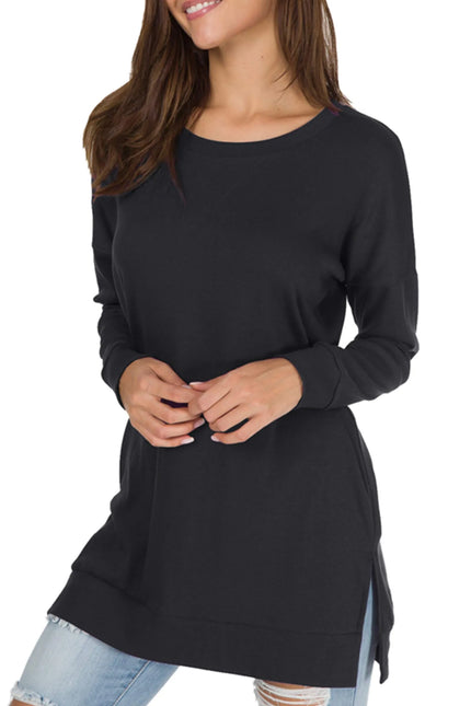 Long Sleeve Side Slit Comfort Top Black Sweaters