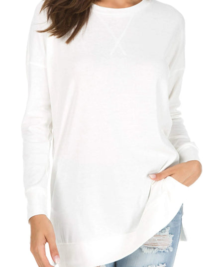 Long Sleeve Side Slit Comfort Top White Sweaters