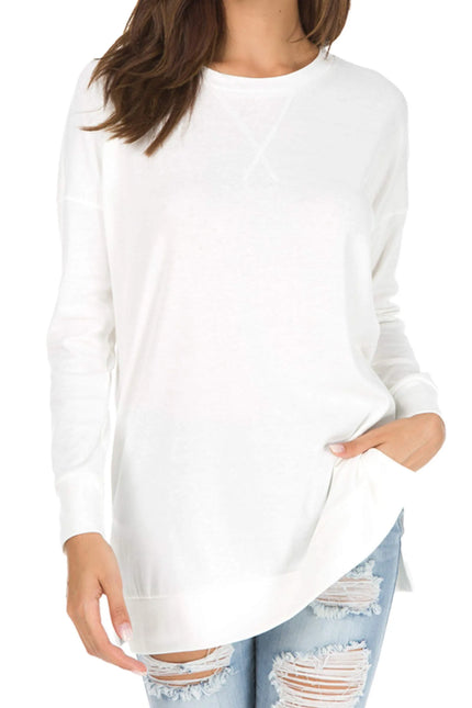 Long Sleeve Side Slit Comfort Top White Sweaters
