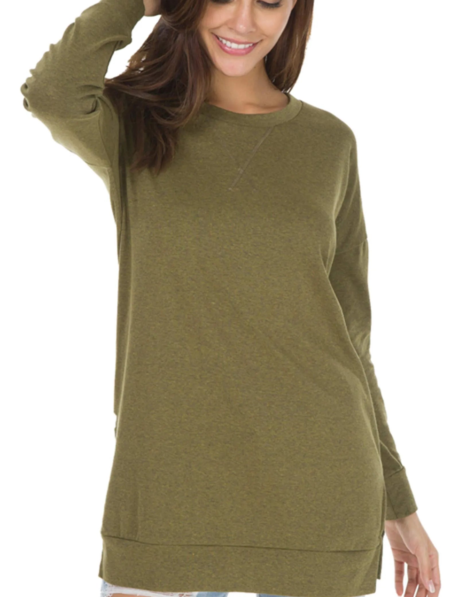 Long Sleeve Side Slit Comfort Top Olive Sweaters