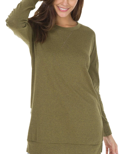Long Sleeve Side Slit Comfort Top Olive Sweaters