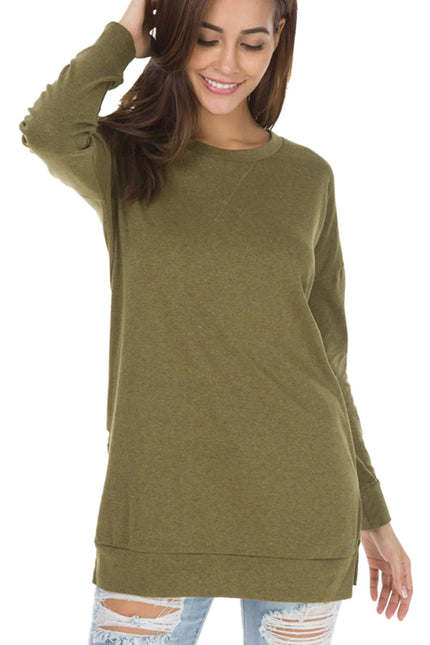Long Sleeve Side Slit Comfort Top Olive Sweaters