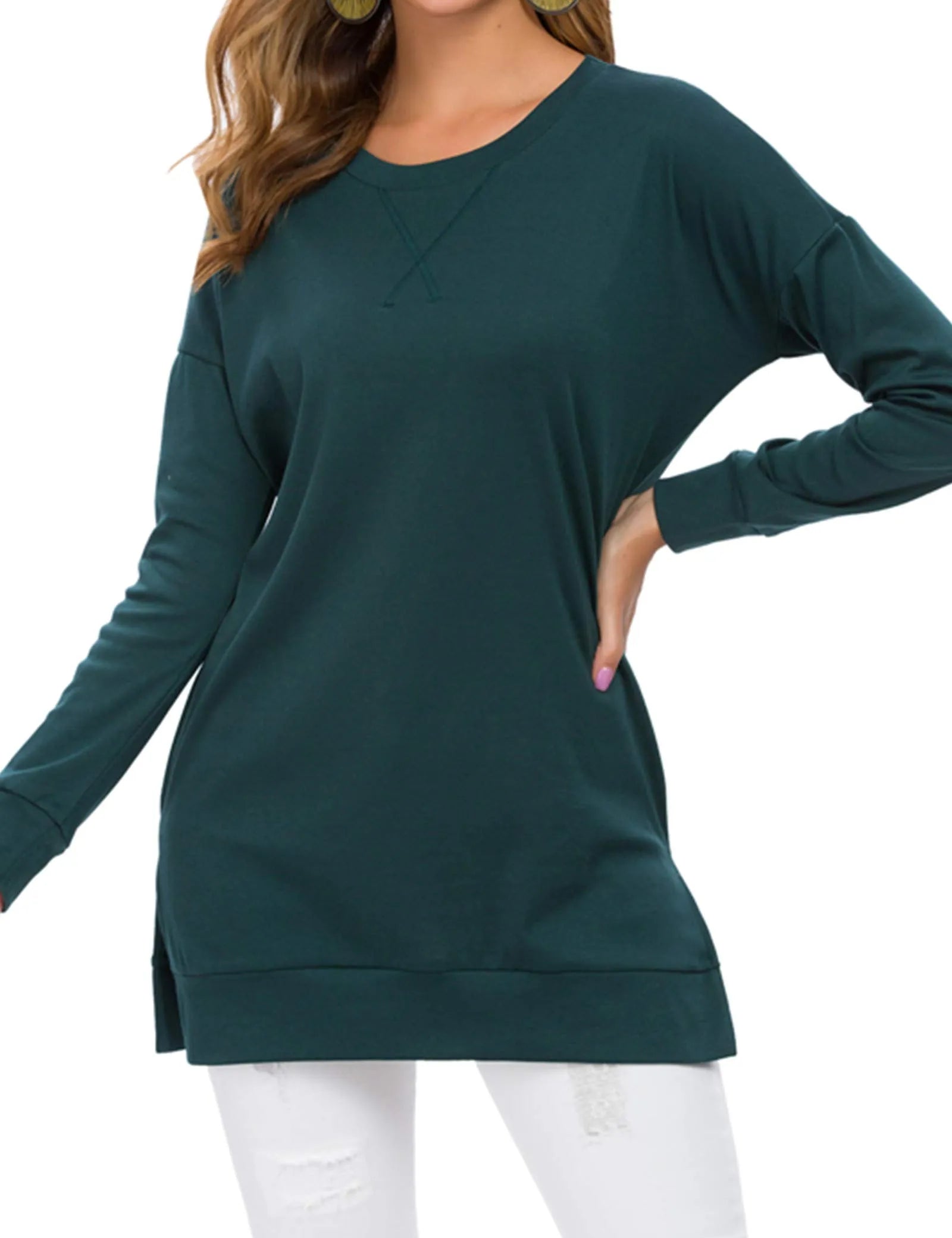 Long Sleeve Side Slit Comfort Top Dark Green Sweaters