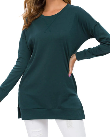 Long Sleeve Side Slit Comfort Top Dark Green Sweaters