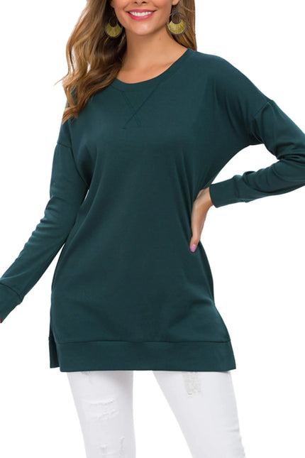 Long Sleeve Side Slit Comfort Top Dark Green Sweaters