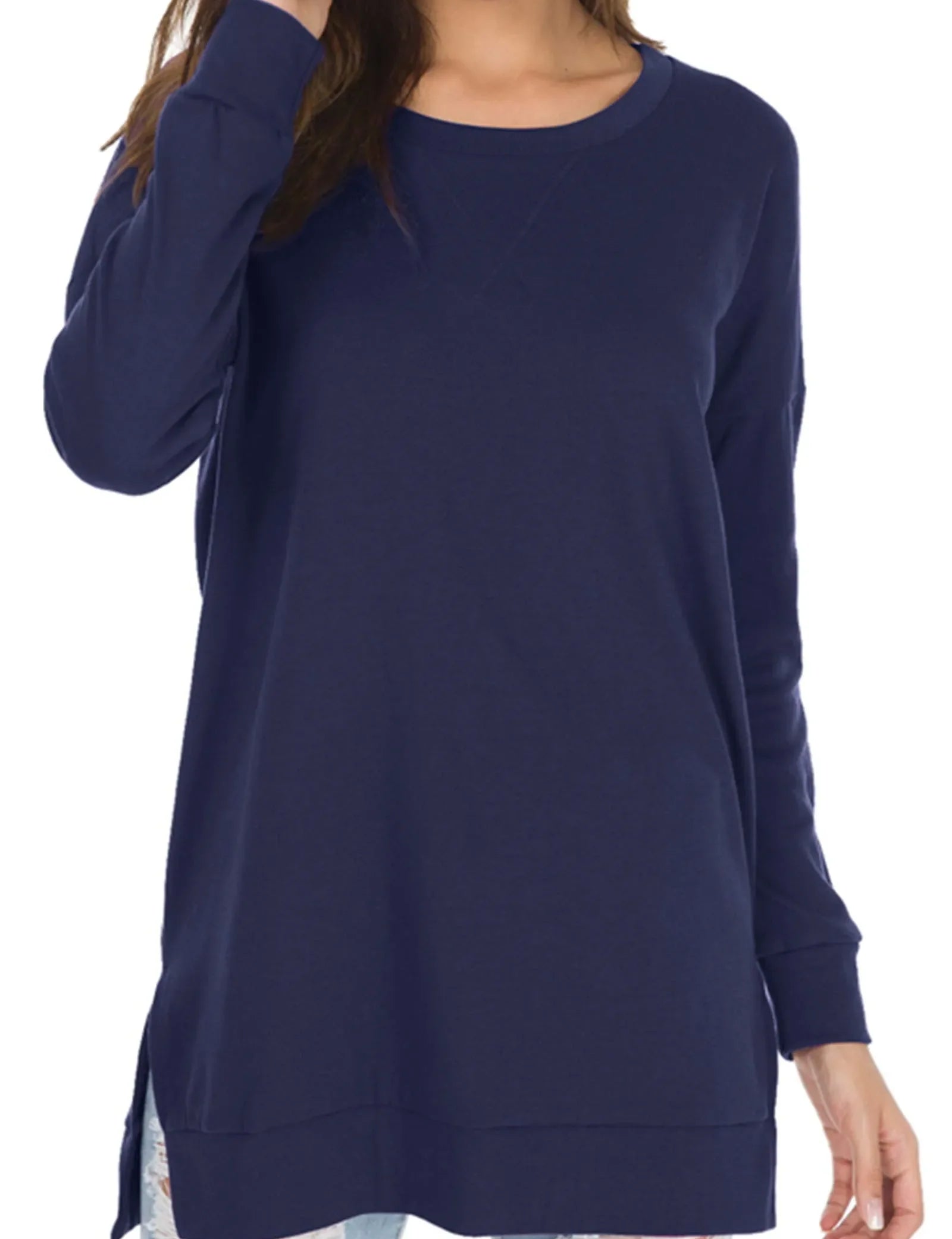 Long Sleeve Side Slit Comfort Top Navy Blue Sweaters