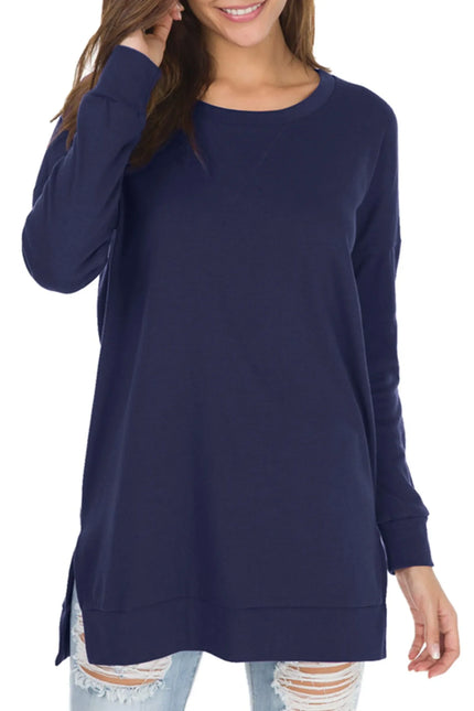 Long Sleeve Side Slit Comfort Top Navy Blue Sweaters