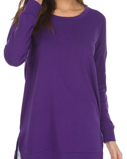Long Sleeve Side Slit Comfort Top Purple Sweaters