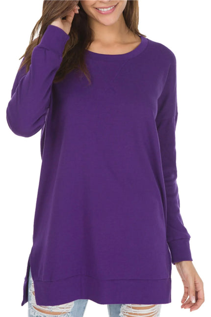Long Sleeve Side Slit Comfort Top Purple Sweaters