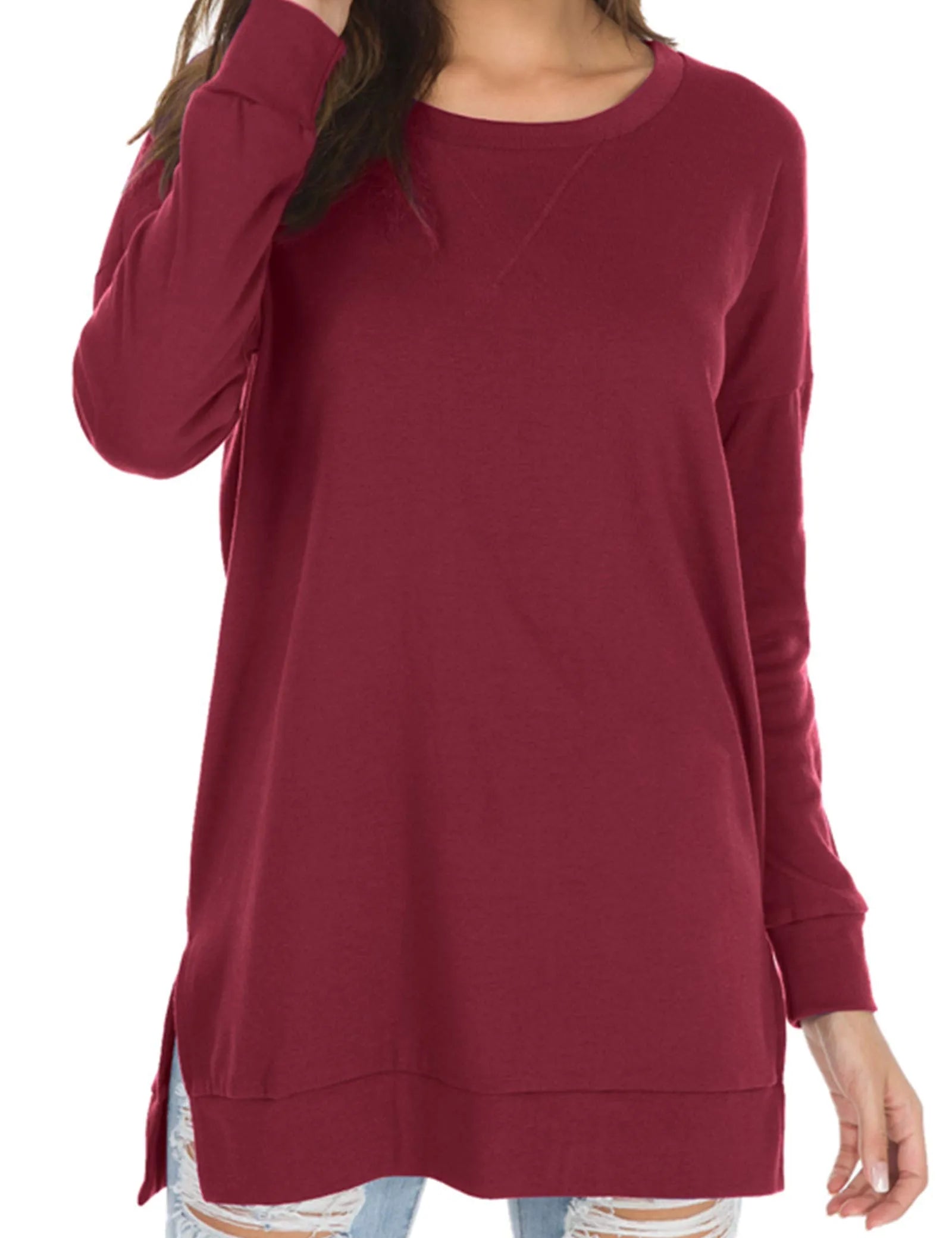 Long Sleeve Side Slit Comfort Top Burgundy Sweaters