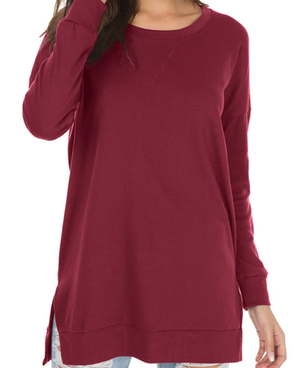 Long Sleeve Side Slit Comfort Top Burgundy Sweaters