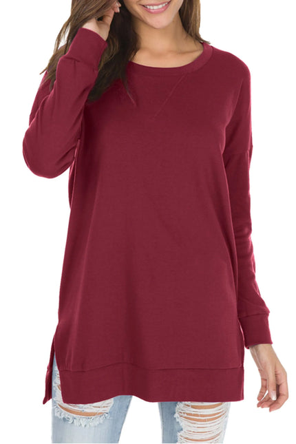 Long Sleeve Side Slit Comfort Top Burgundy Sweaters