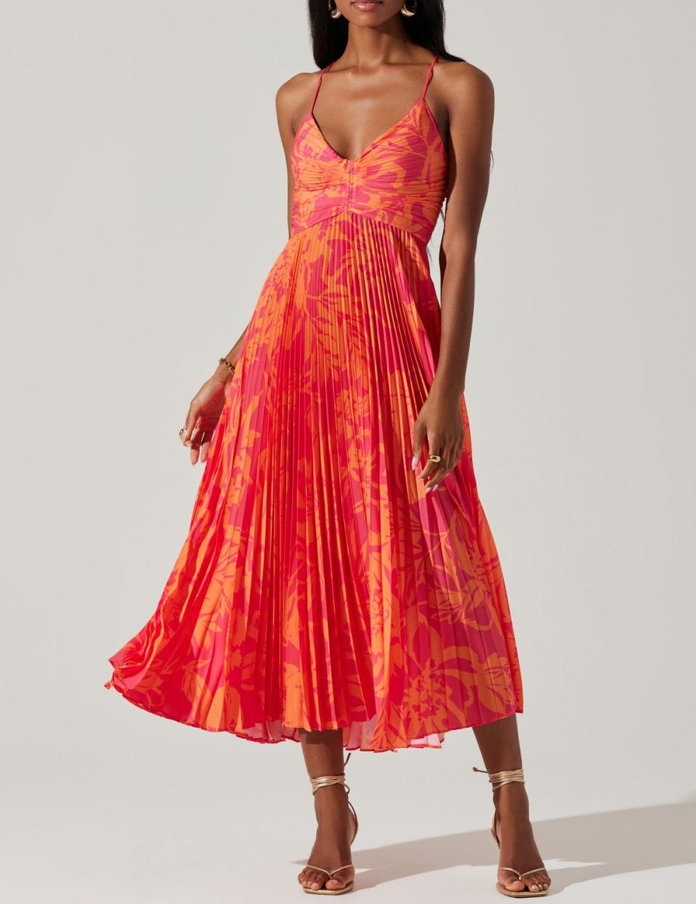 Elegant Floral Print Pleats Midi Dress Dresses