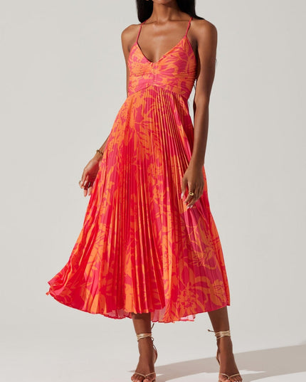 Elegant Floral Print Pleats Midi Dress Dresses