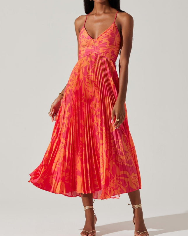 Elegant Floral Print Pleats Midi Dress Dresses