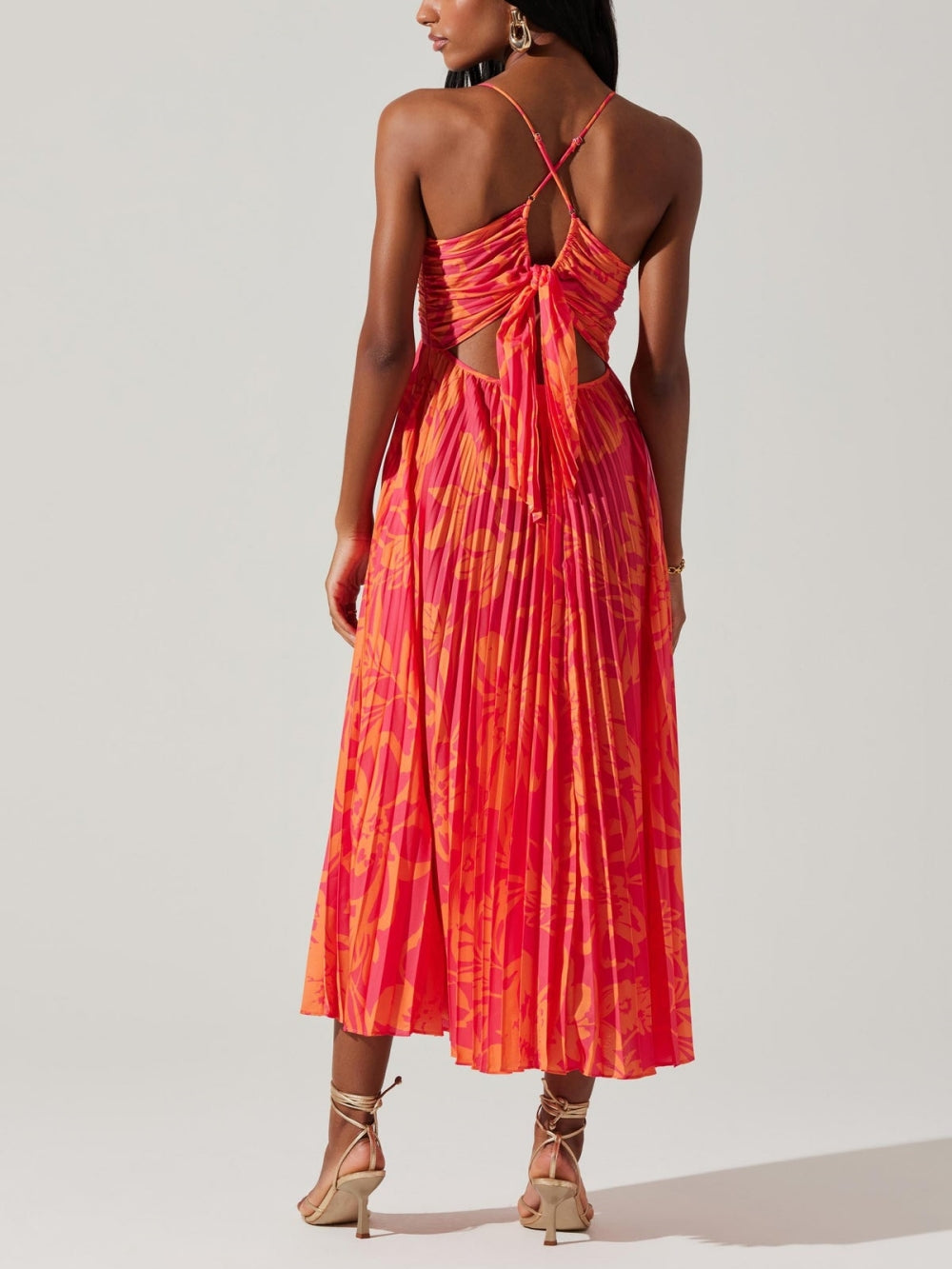 Elegant Floral Print Pleats Midi Dress Dresses