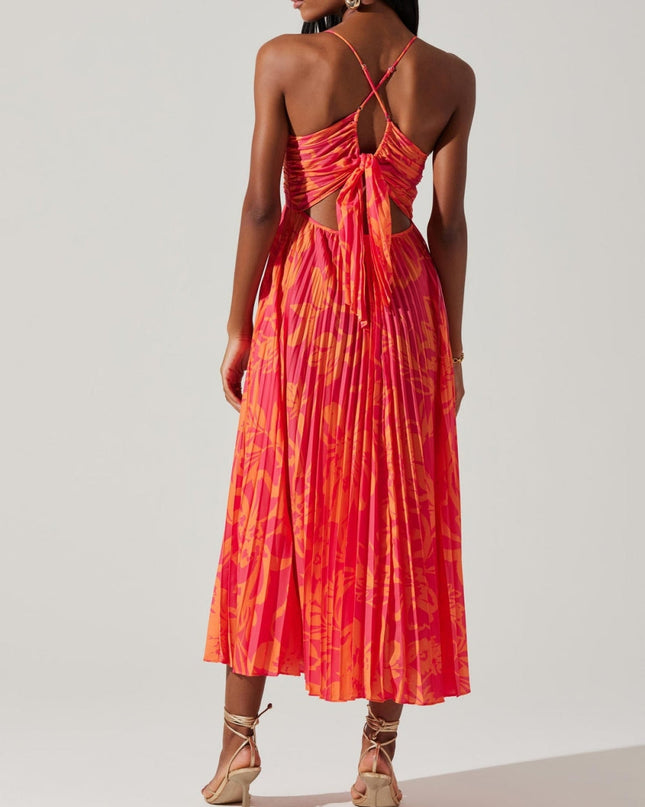 Elegant Floral Print Pleats Midi Dress Dresses