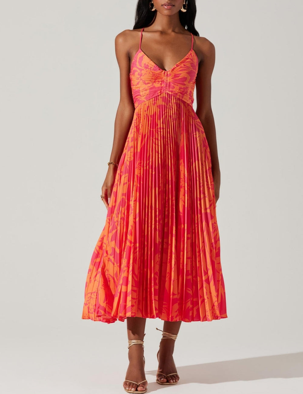 Elegant Floral Print Pleats Midi Dress Red Dresses