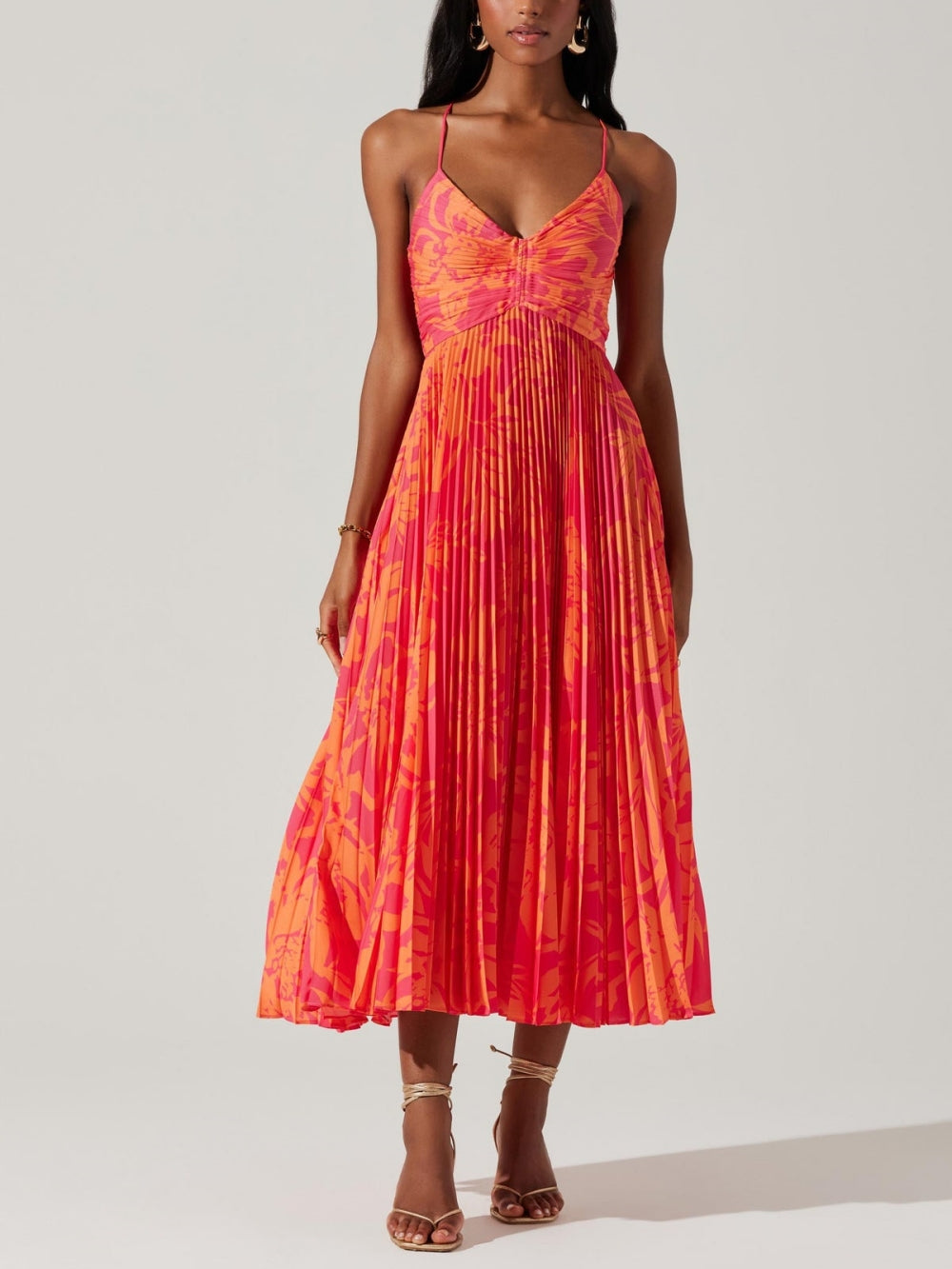 Elegant Floral Print Pleats Midi Dress Red Dresses