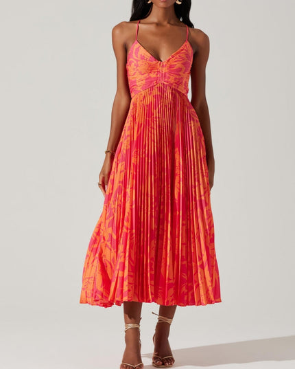 Elegant Floral Print Pleats Midi Dress Red Dresses