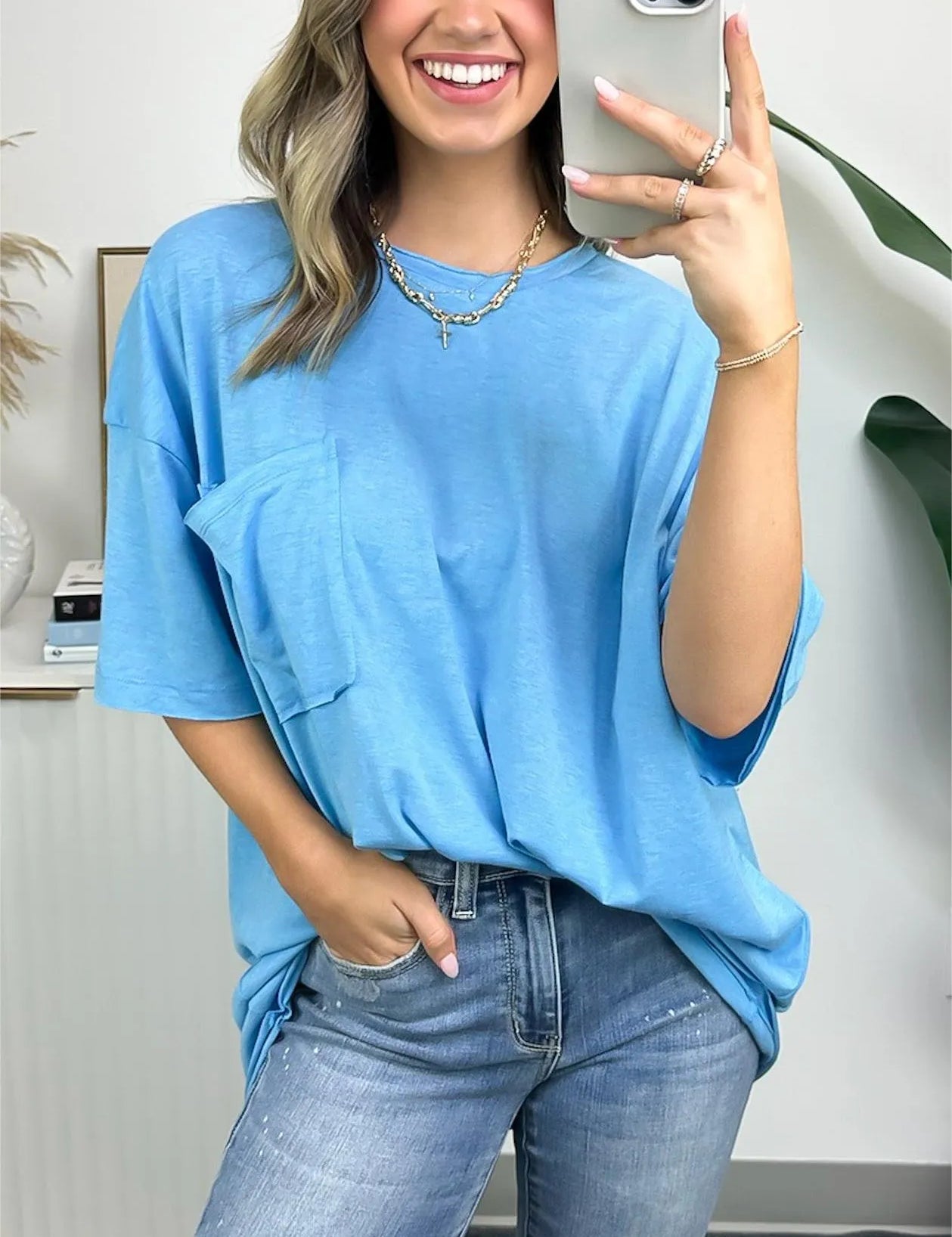 Janessa Boxy Raw Edge Tee – Oversized Top Sky Blue Top