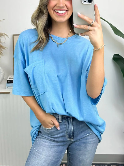 Janessa™ | Boxy Raw Edge Tee Sky Blue Top
