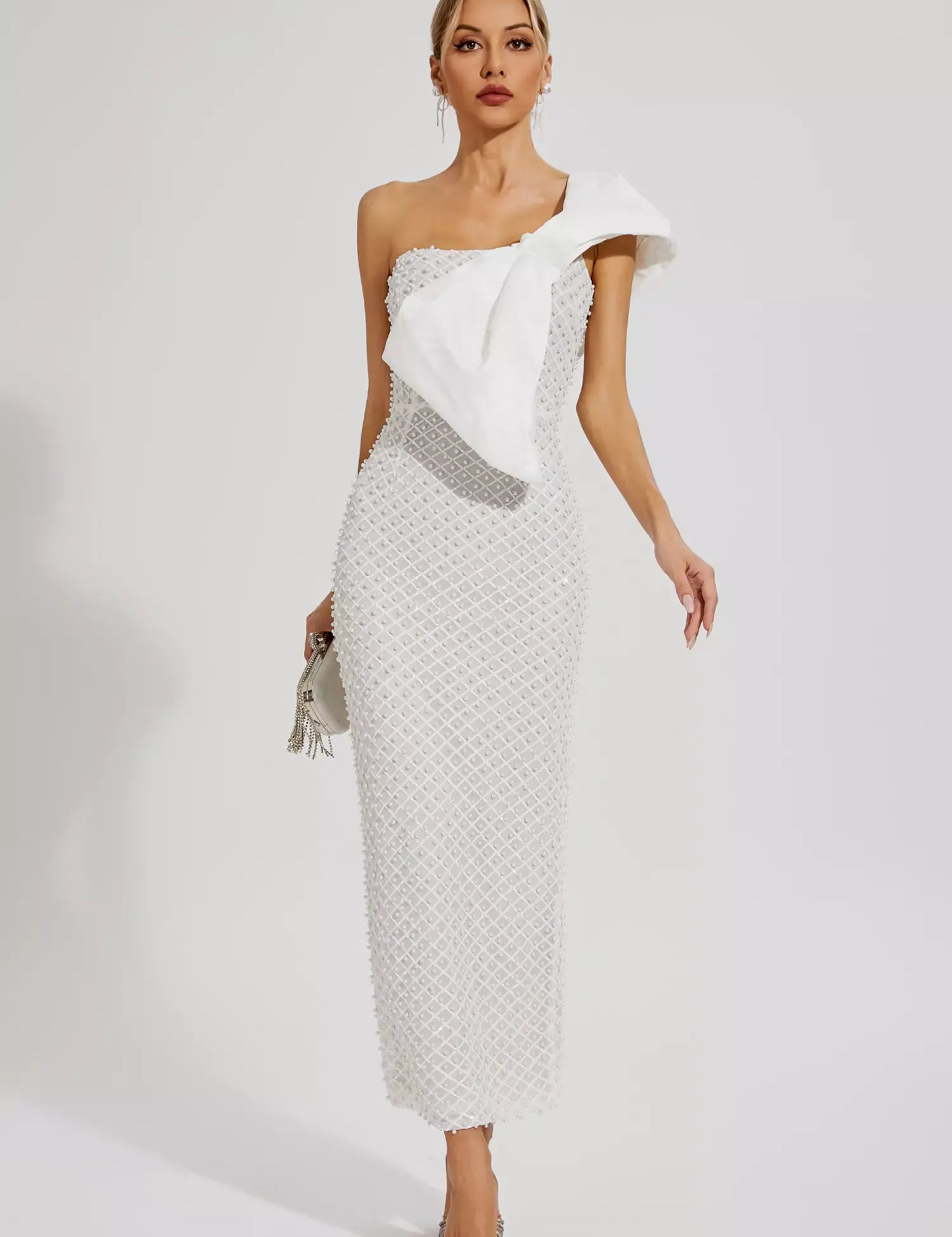 Teagan™ | White Pearl Embellishment Dress L Dresses