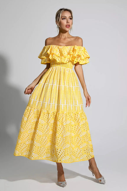 Jasmine™ | Yellow Cutout Ruffle Maxi Dress S Dress