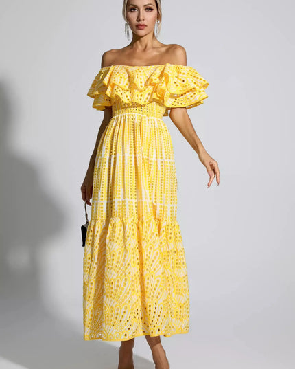Jasmine™ | Yellow Cutout Ruffle Maxi Dress L Dress