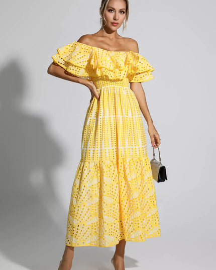 Jasmine™ | Yellow Cutout Ruffle Maxi Dress M Dress