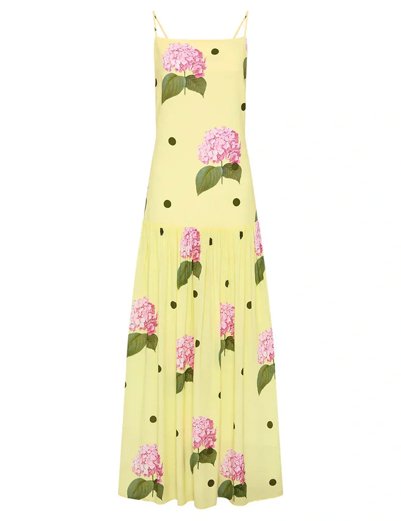 Elegant Yellow Floral Polka Dot Midi Dress Dresses