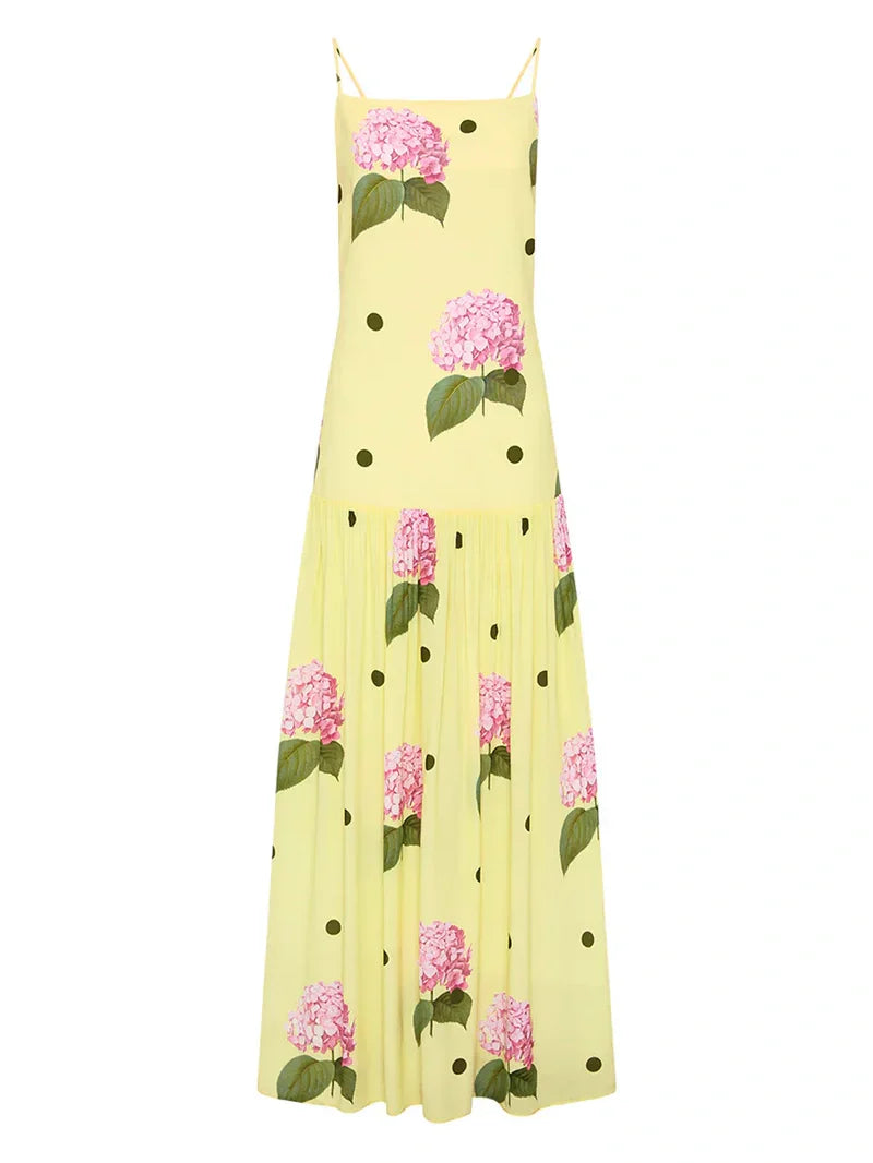 Elegant Yellow Floral Polka Dot Midi Dress Dresses
