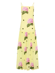 Elegant Yellow Floral Polka Dot Midi Dress Dresses