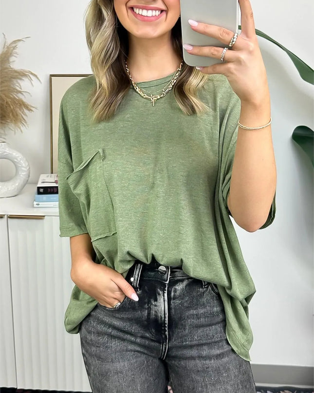 Janessa™ | Boxy Raw Edge Tee Army Green Top