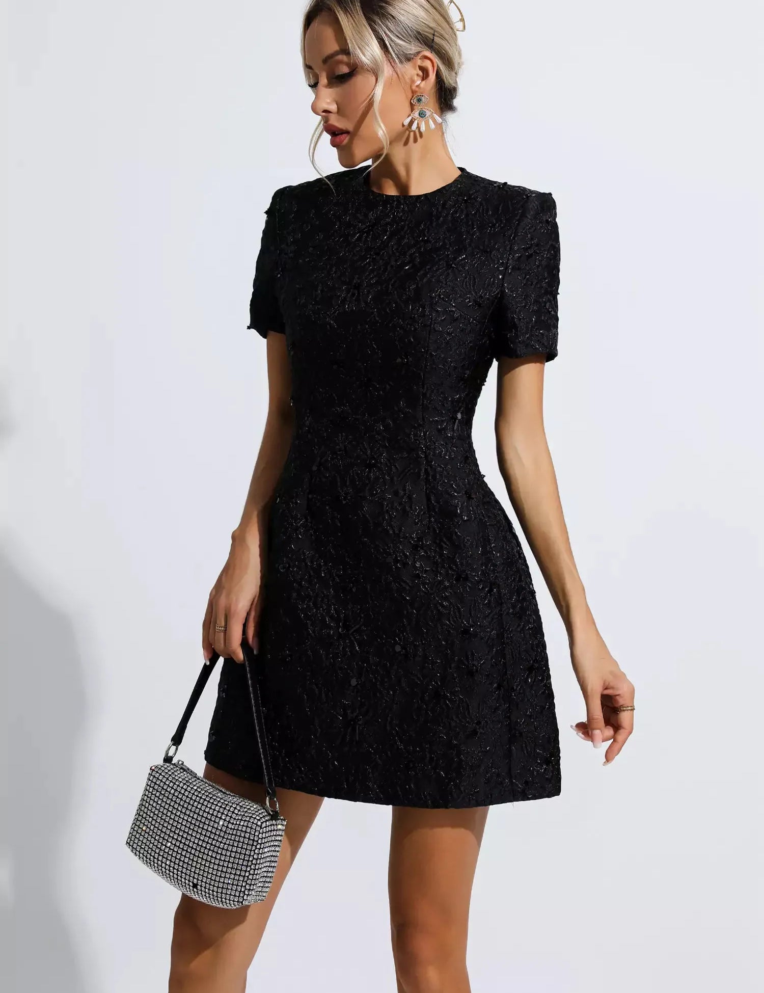 Tia™ | Black Jacquard Floral Mini Dress M Dresses