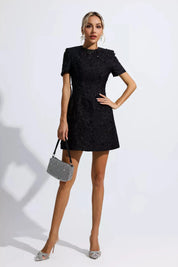 Tia™ | Black Jacquard Floral Mini Dress L Dresses