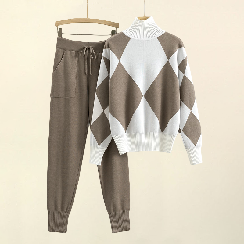 Allure Knit Two-Piece Set – Diamond Pattern Softwear Brown Two Piece Outfits