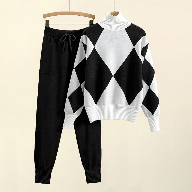 Allure Knit Two-Piece Set – Diamond Pattern Softwear Black Two Piece Outfits