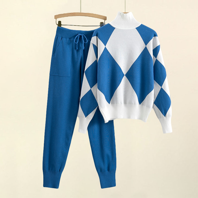 Allure Knit Two-Piece Set – Diamond Pattern Softwear Blue Two Piece Outfits