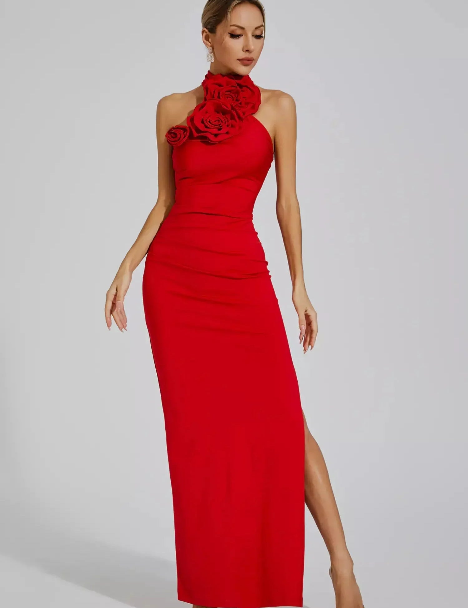 Zoey™ | Red Floral Ruched Halter Maxi Dress L Dresses