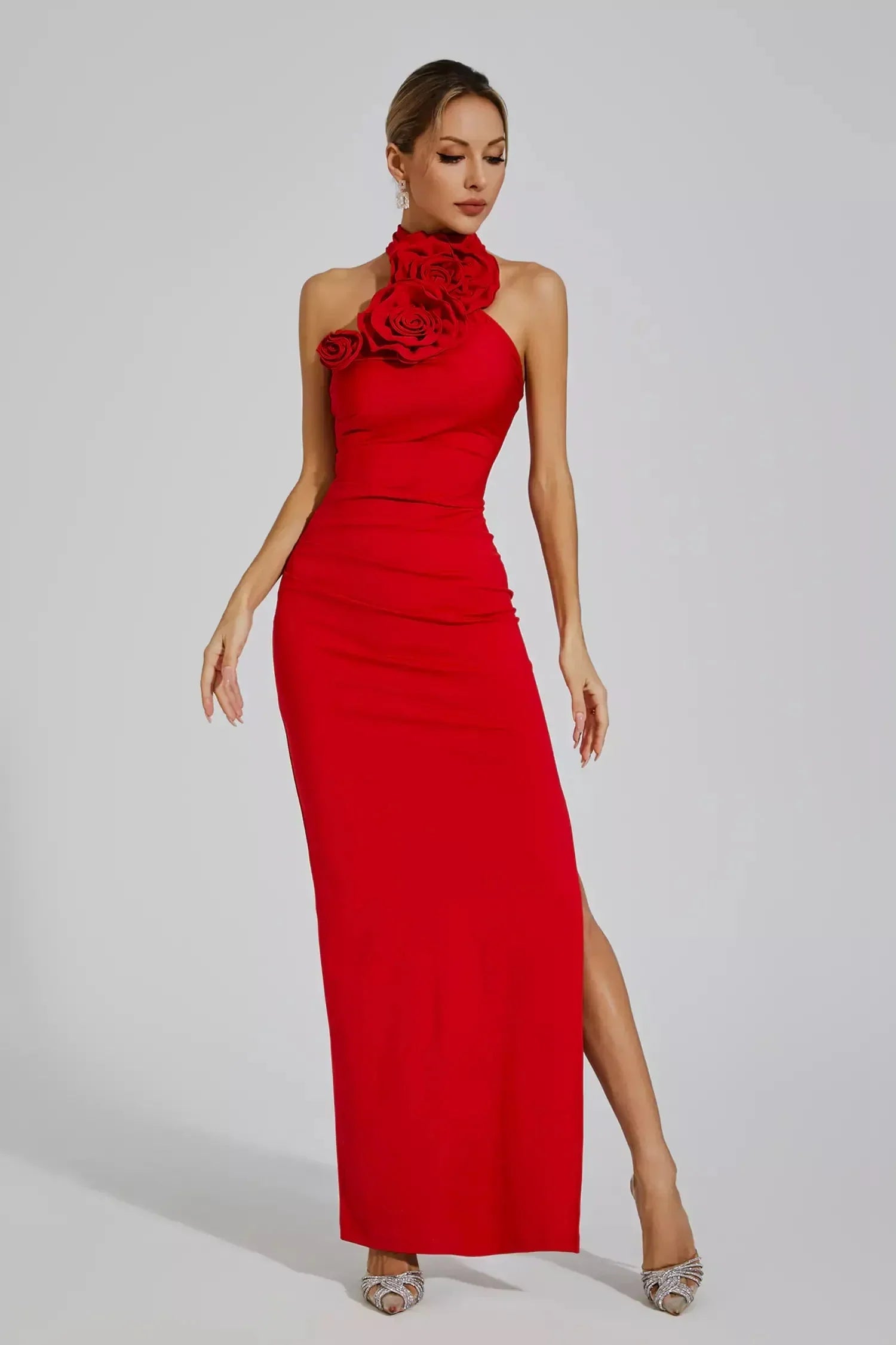 Zoey™ | Red Floral Ruched Halter Maxi Dress L Dresses