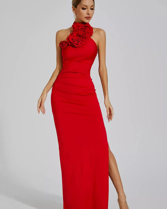 Zoey™ | Red Floral Ruched Halter Maxi Dress L Dresses